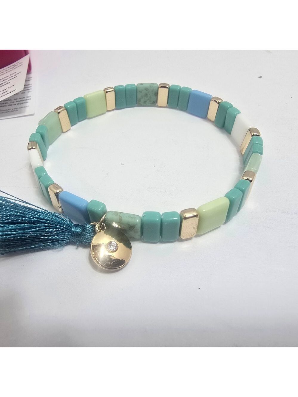 Avon Blue and Cream Beaded Bracelet with Tassel - Picture 4 of 7